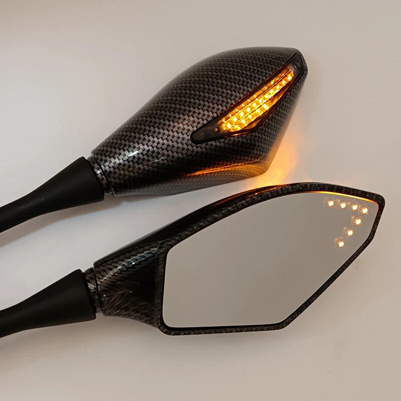 Universal Carbon Wing Mirrors With Integrated smoked LED Indicators - Motorbike