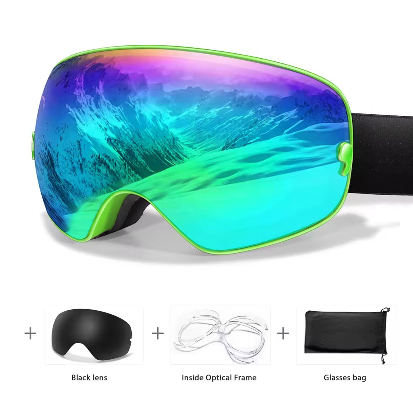 UV400 Interchangeable Lens Anti-Fog Ski Goggles - Adult Mens / Womans Neon Green