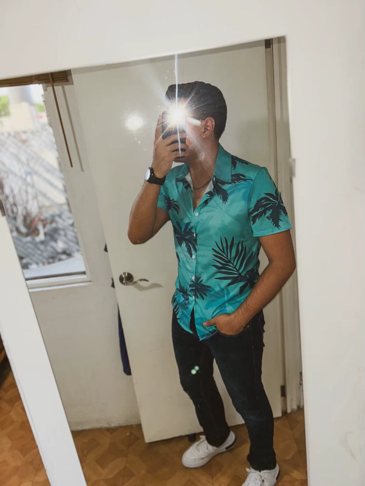 Retro inspired 80s themed Hawaiian shirt Blue - tropical Hawaii Mens Fancy Dress