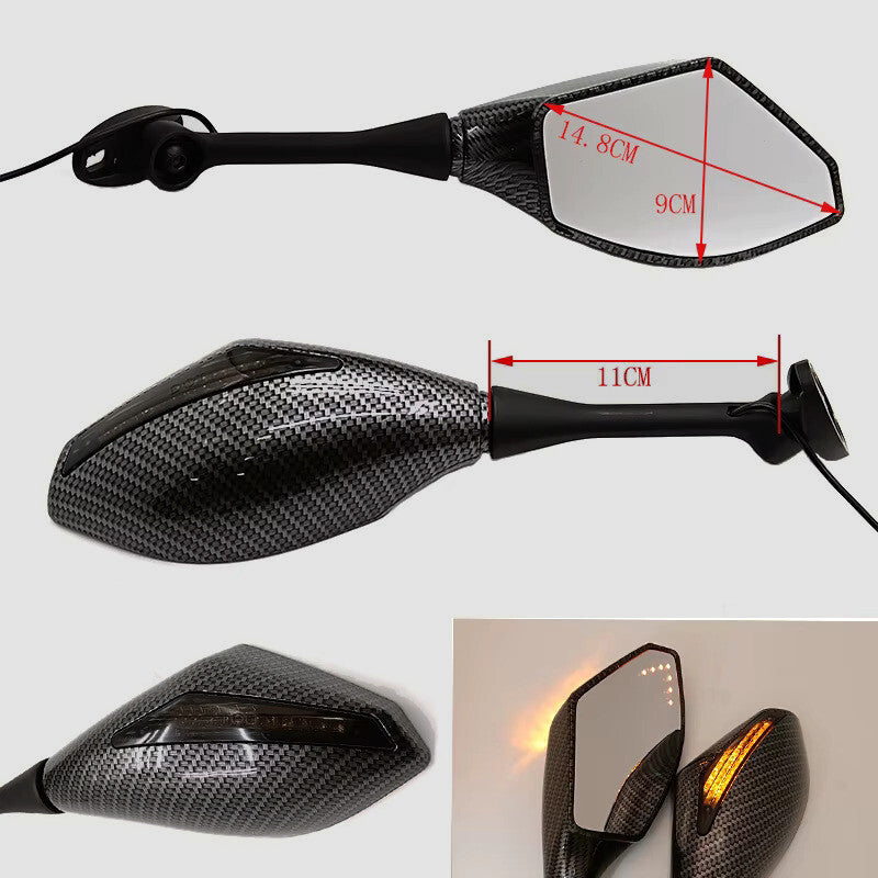 Universal Carbon Wing Mirrors With Integrated smoked LED Indicators - Motorbike