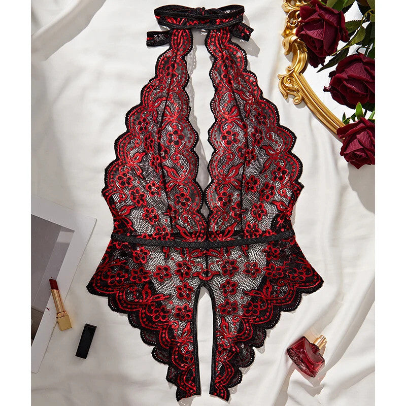 Sexy One Piece Valentines Lingerie Set - Plunge Red Outfit crotchless - Medium