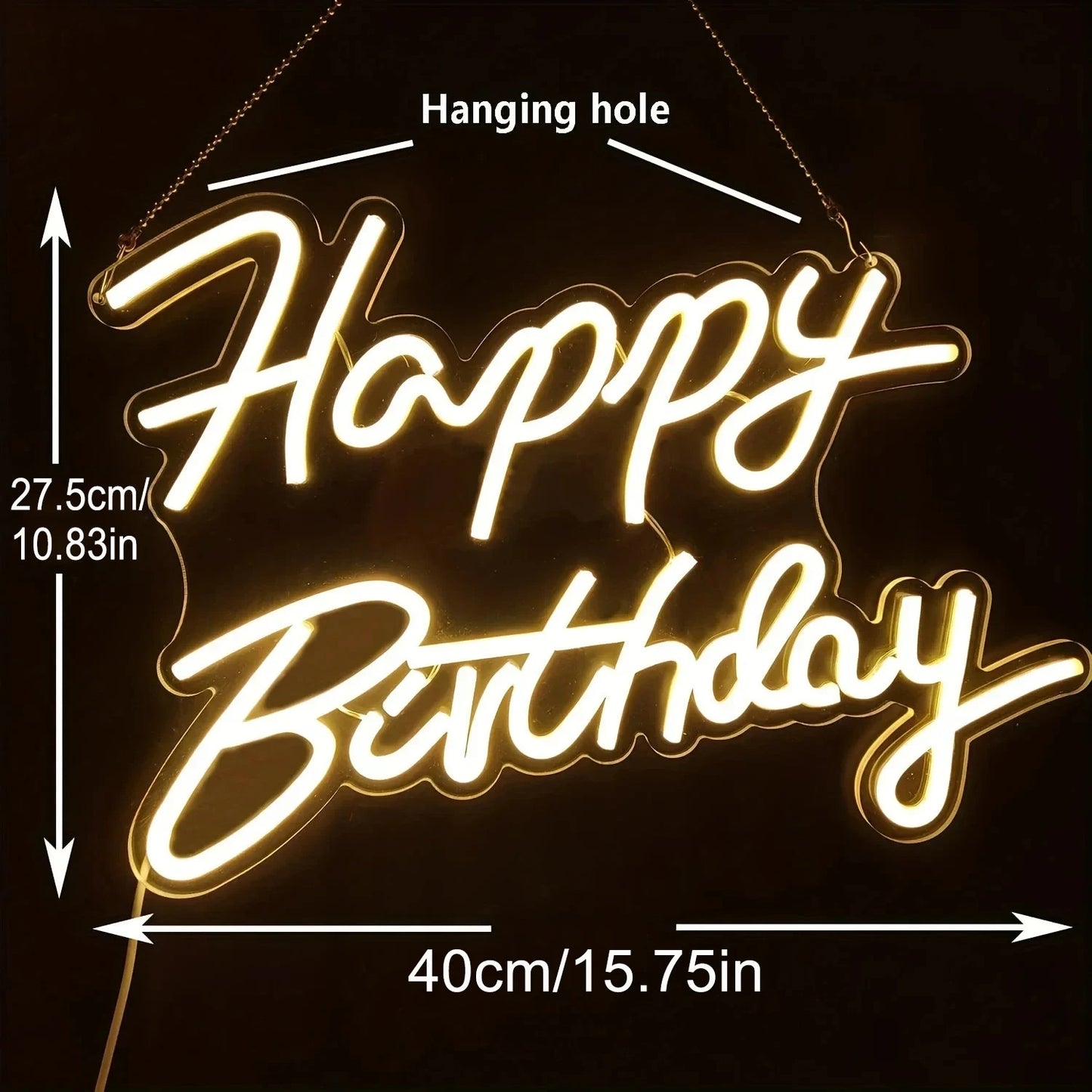 Happy Birthday Neon Sign - Warm White LED Light - Wall Bday Celebration Party
