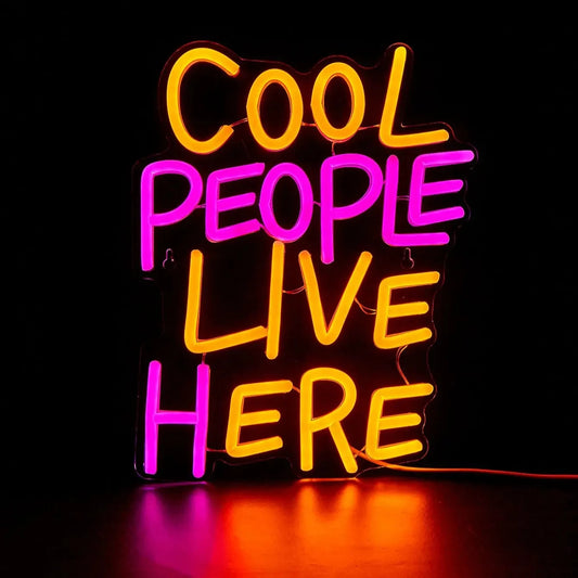 Cool People Live Here Pink Yellow Neon Sign - Light LED Bedroom Hotel Home USB