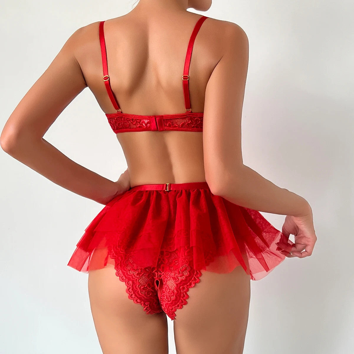 Sexy 2 Piece Valentines Lingerie Set - Backless Red Lace Outfit crotchless Skirt