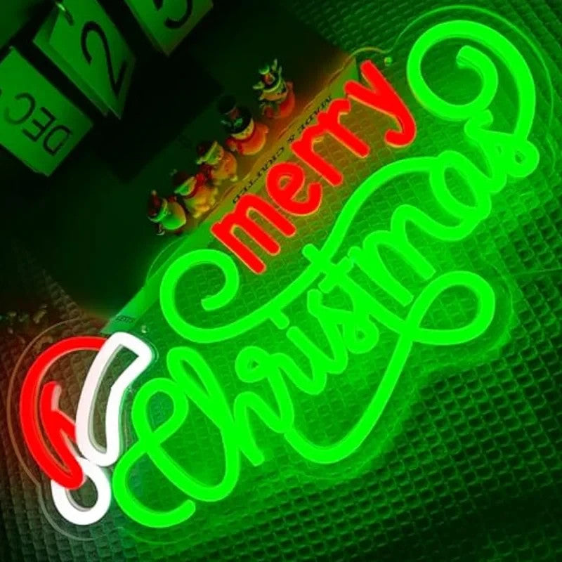 Merry Christmas Neon Sign - LED XMAS Santa Hat Light - Home Happy Store Shops