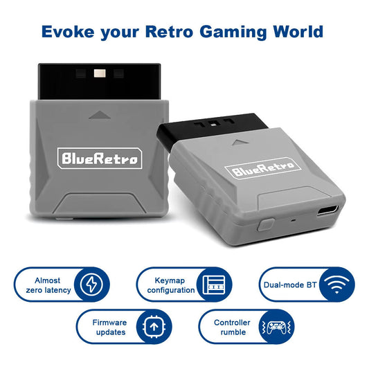 Wireless Bluetooth Controller Receiver - Playstation 1 & 2  - (Grey) Blue Retro