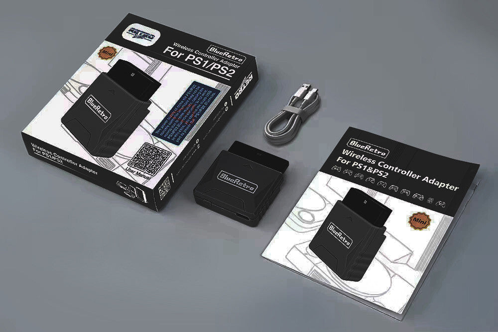 Wireless Bluetooth Controller Receiver - Playstation 1 & 2  - (Black) Blue Retro