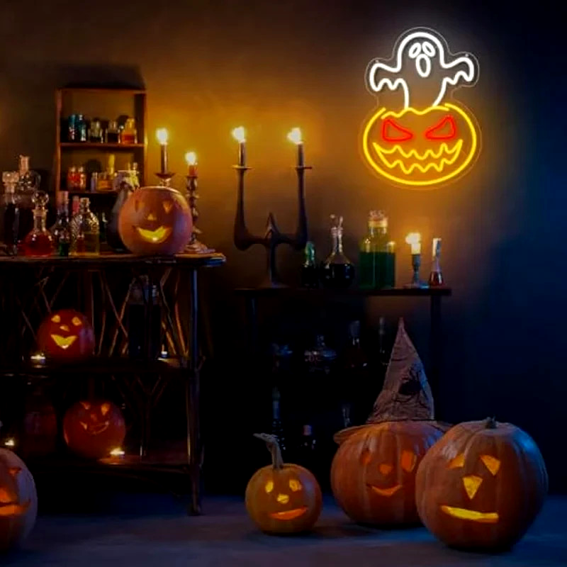 Happy Halloween Neon Sign - LED Spooky Pumpkin Light - Pub Home Play Area Ghost