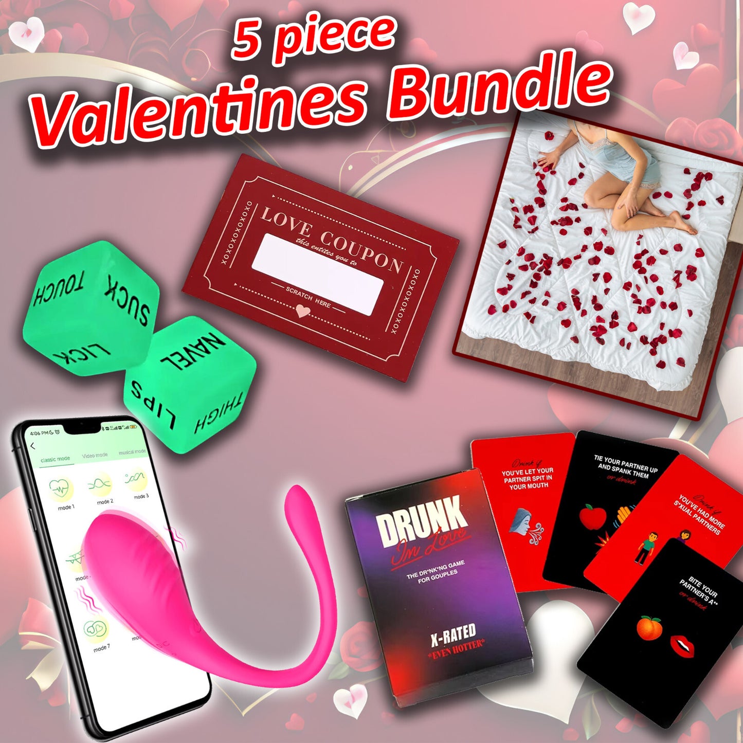 5 PC NAUGHTY VALENTINE'S DAY GIFT BUNDLE - BLUETOOTH VIBRATOR - DARE GAME COUPON