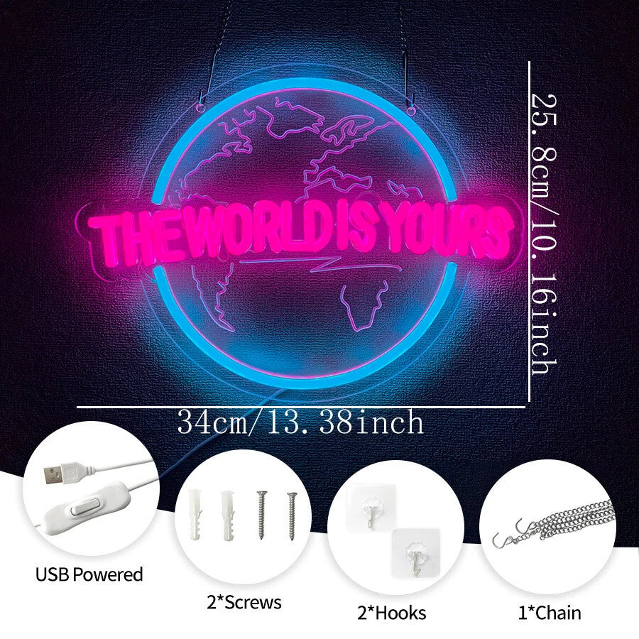 The World Is Yours Neon Light - Carved Planet LED Sign - Office Bedroom Bar etc