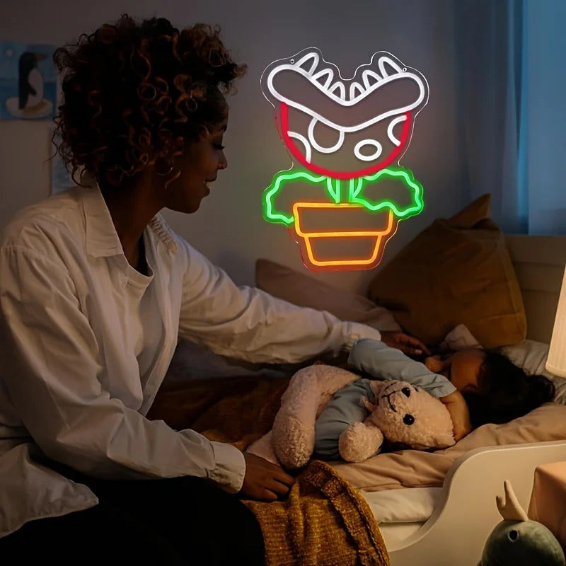 Super Mario Themed Plant Neon Light - Nintendo Retro Gaming Sign