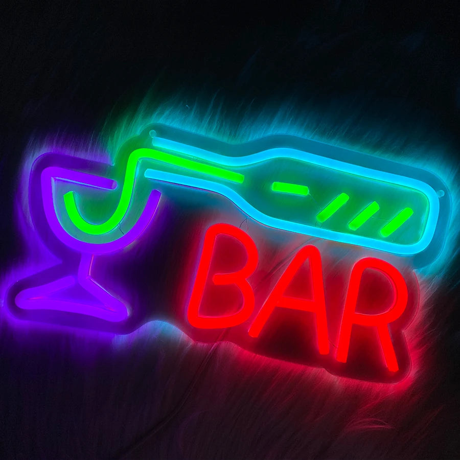 Wine Bottle Glass Sign - Neon Light LED Cocktail Bar Pub Etc