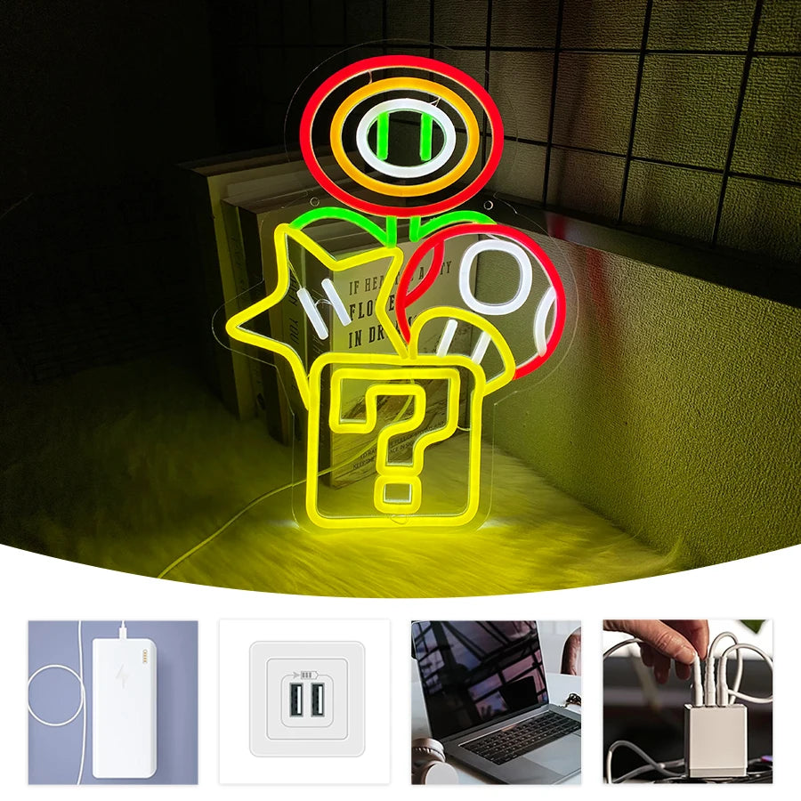 Super Mario Themed Neon Light - Nintendo Retro Gaming Sign