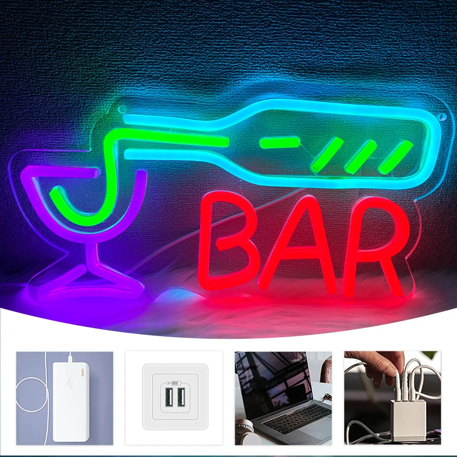 Wine Bottle Glass Sign - Neon Light LED Cocktail Bar Pub Etc